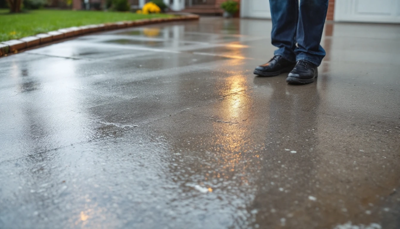 Sealed concrete drive glistening with rain moisture under gray skies