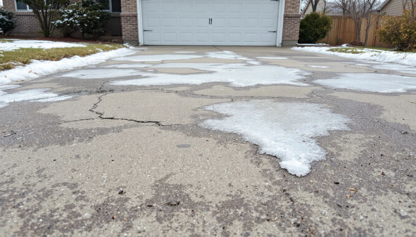 Weathered concrete drive with patches of melting ice