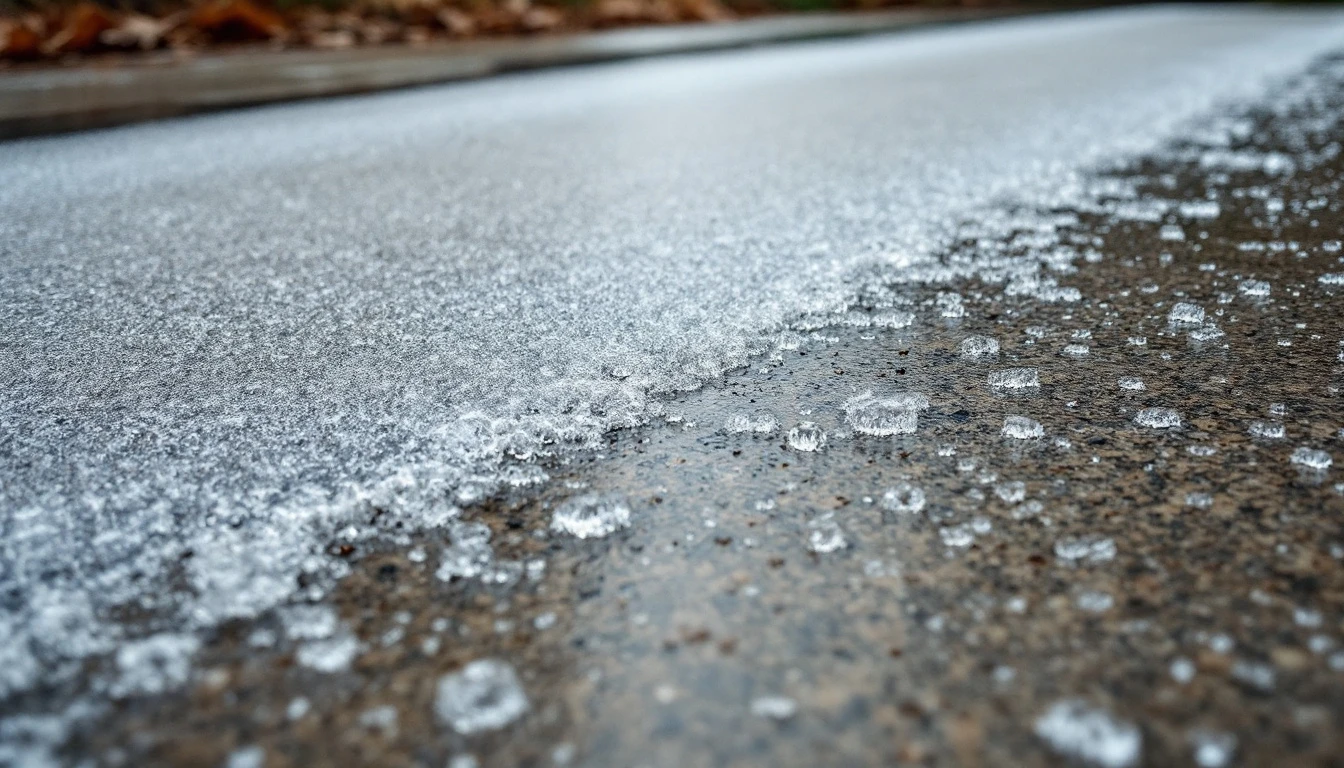 Thin icy glaze over a sealed concrete driveway after freezing rain