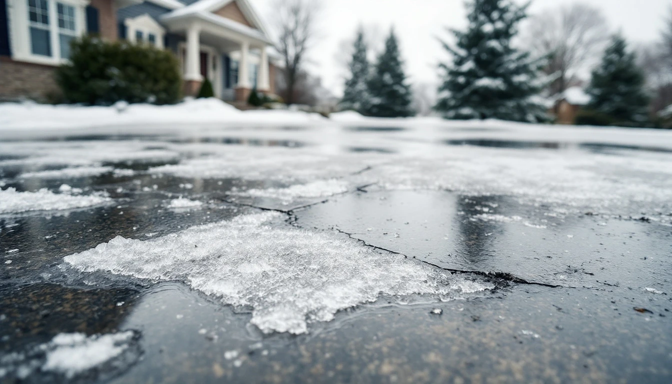 Thin sheet of ice glazing a weathered concrete driveway in flat gray light
