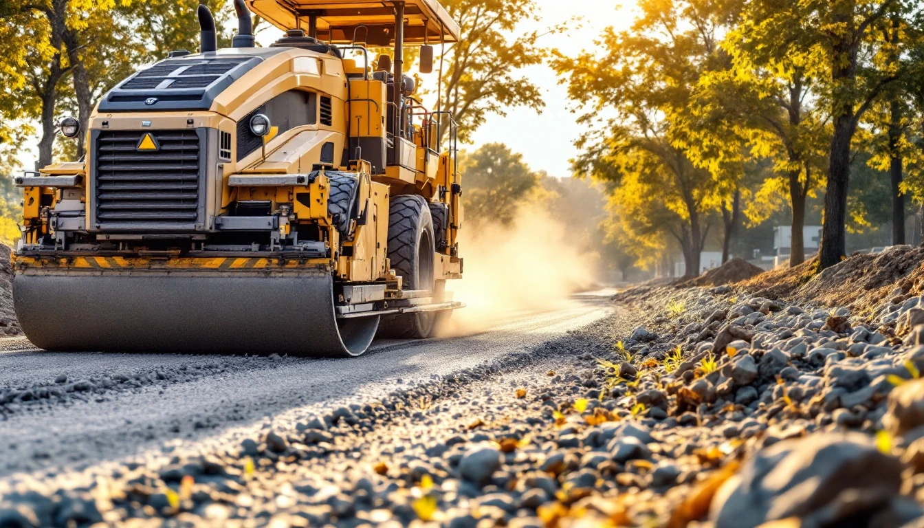 Paving machine parked on a freshly graded gravel base
