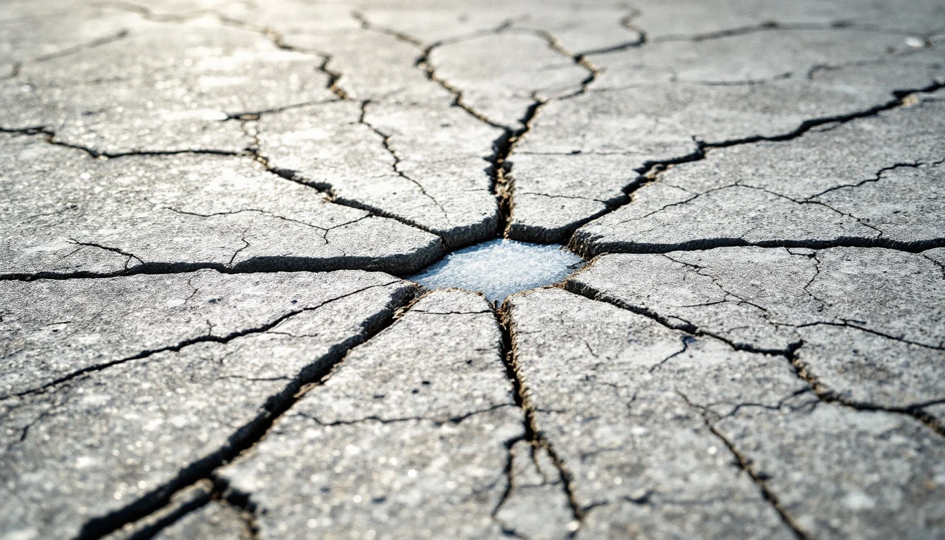 Impact chip and radial cracks in a concrete driveway surface closeup