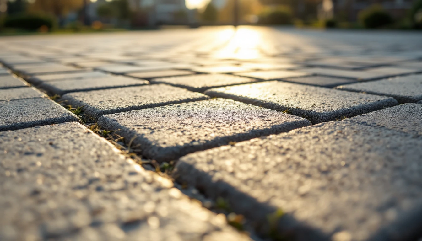 Tightly interlocked concrete pavers filling the frame in midday sun