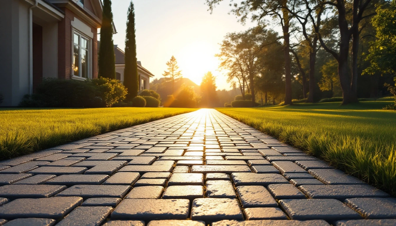 Interlocking pavers catching bright midday light along the drive
