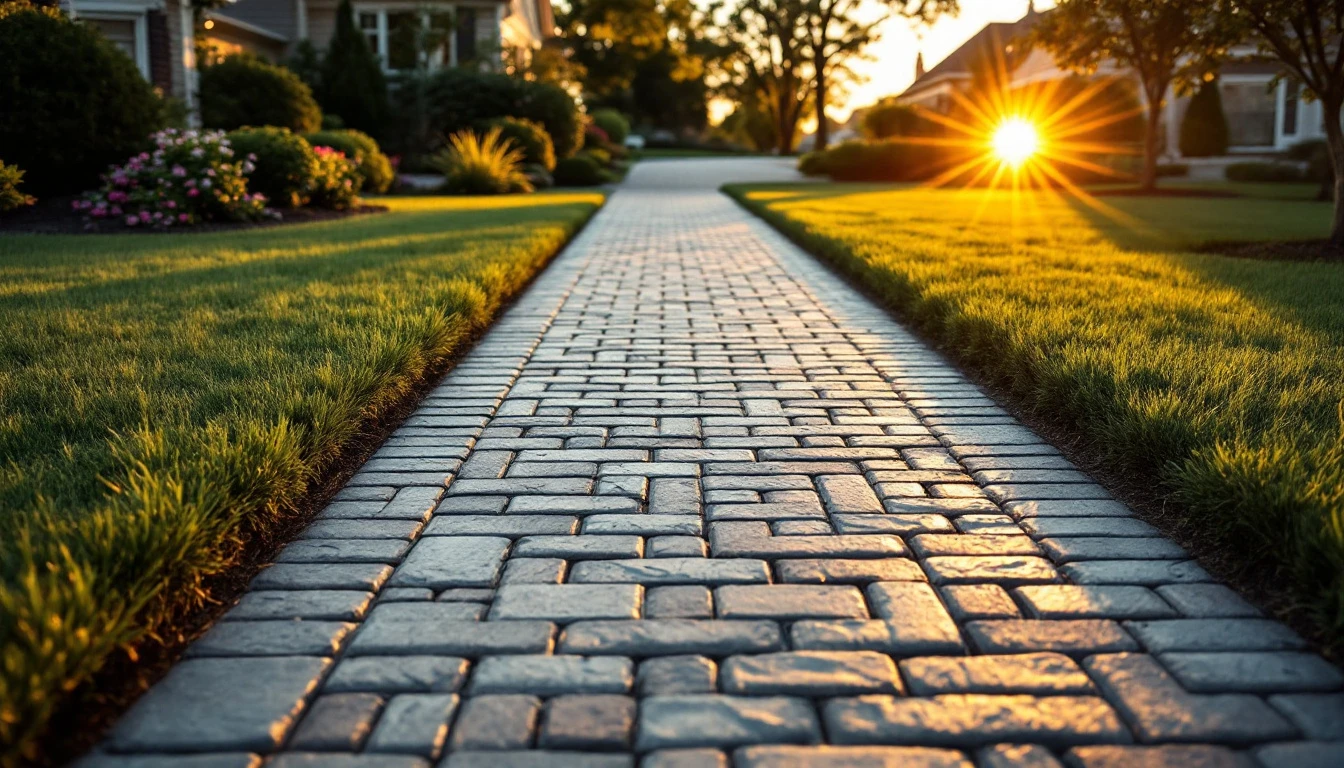 Neatly sealed paver driveway framed by a tidy green front lawn