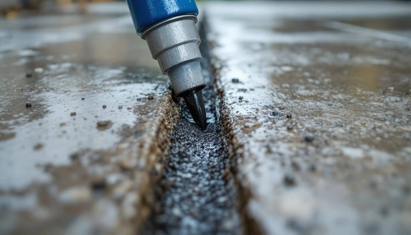 Fresh dark sealant bead filling an expansion joint in damp concrete