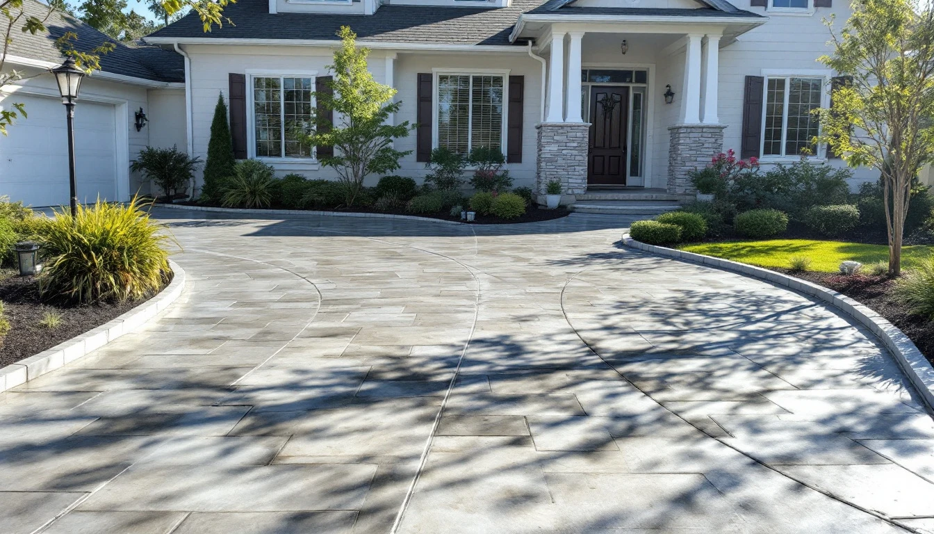 Newly finished concrete driveway with clean sawn joints and neat lawn