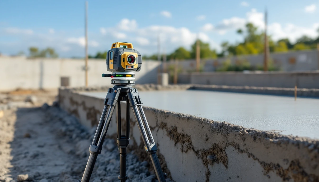 Rotary laser level on a tripod beside a freshly poured slab