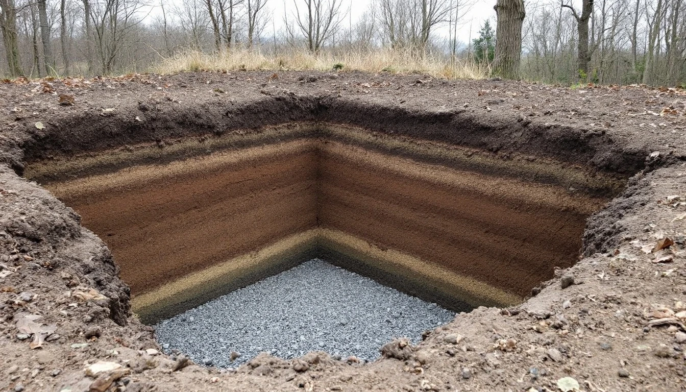 Layered soil profile exposed in a square test pit beside a gravel base