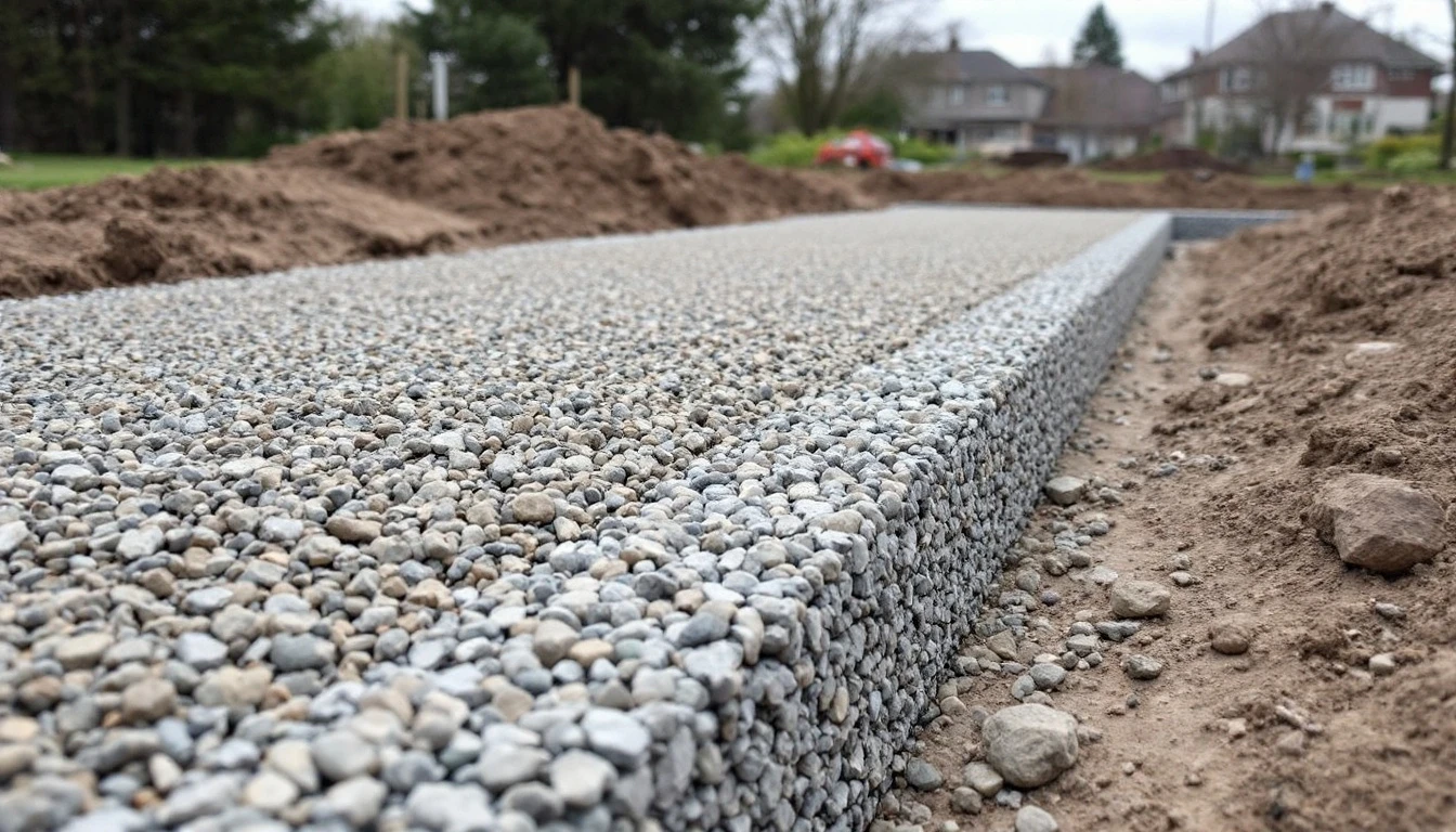 Layered crushed stone bed graded and ready for surfacing