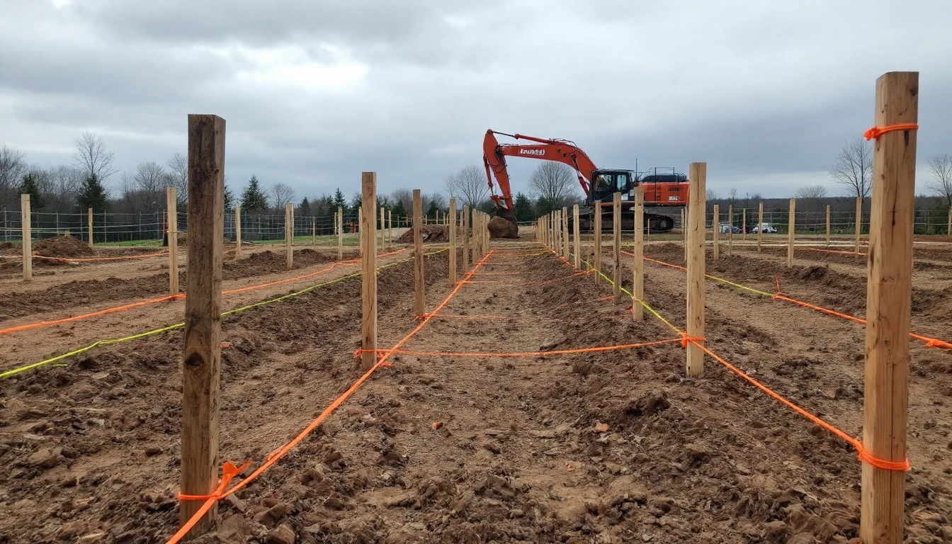 Wooden stakes and bright string lines marking a future drive layout