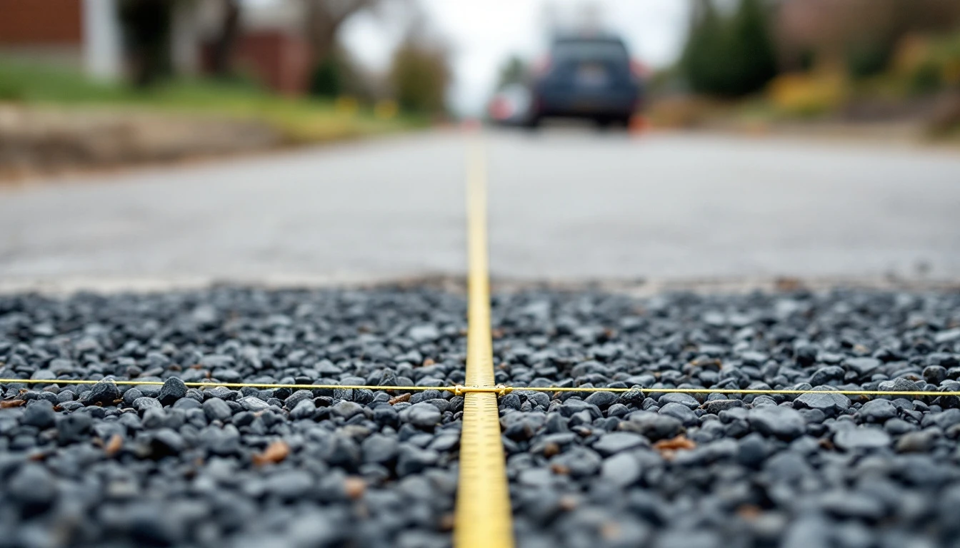 Level string stretched over a compacted gravel base ready for paving