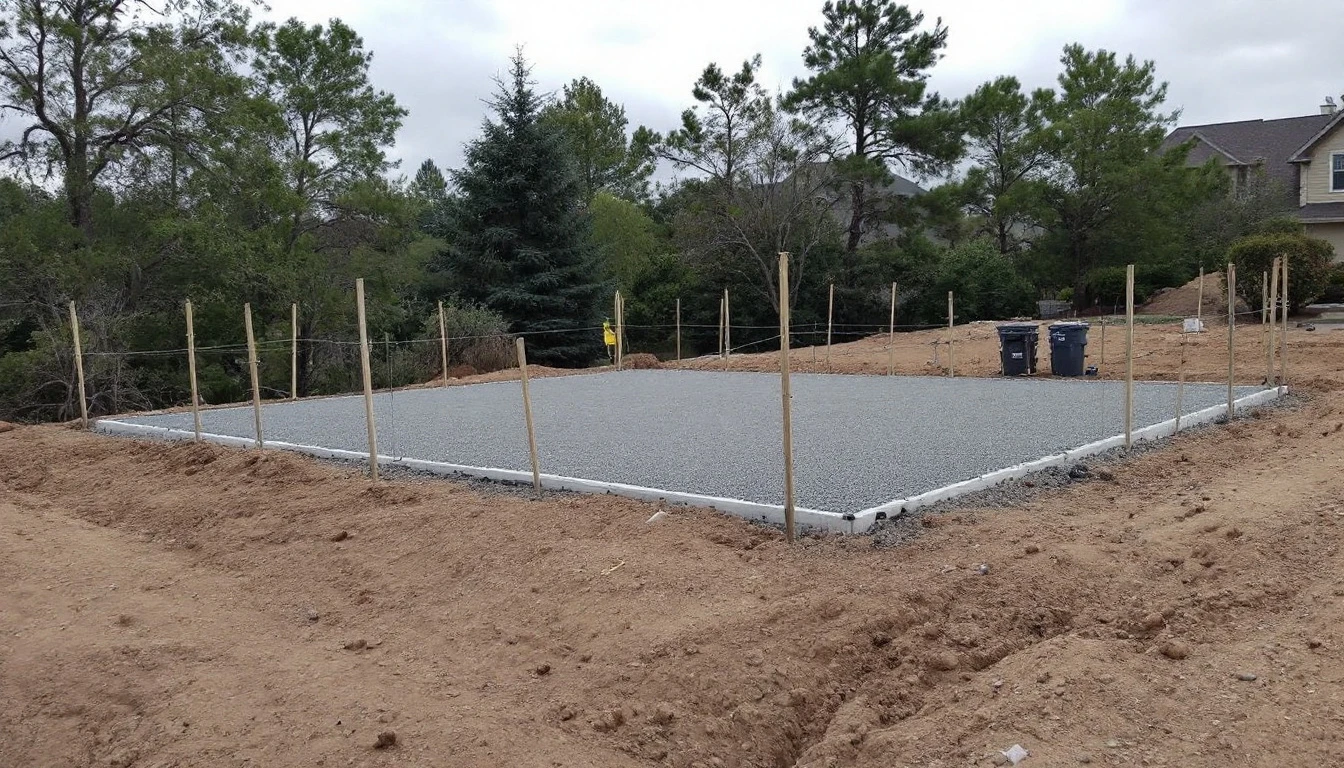 Leveled gravel base staked and strung awaiting its first pour