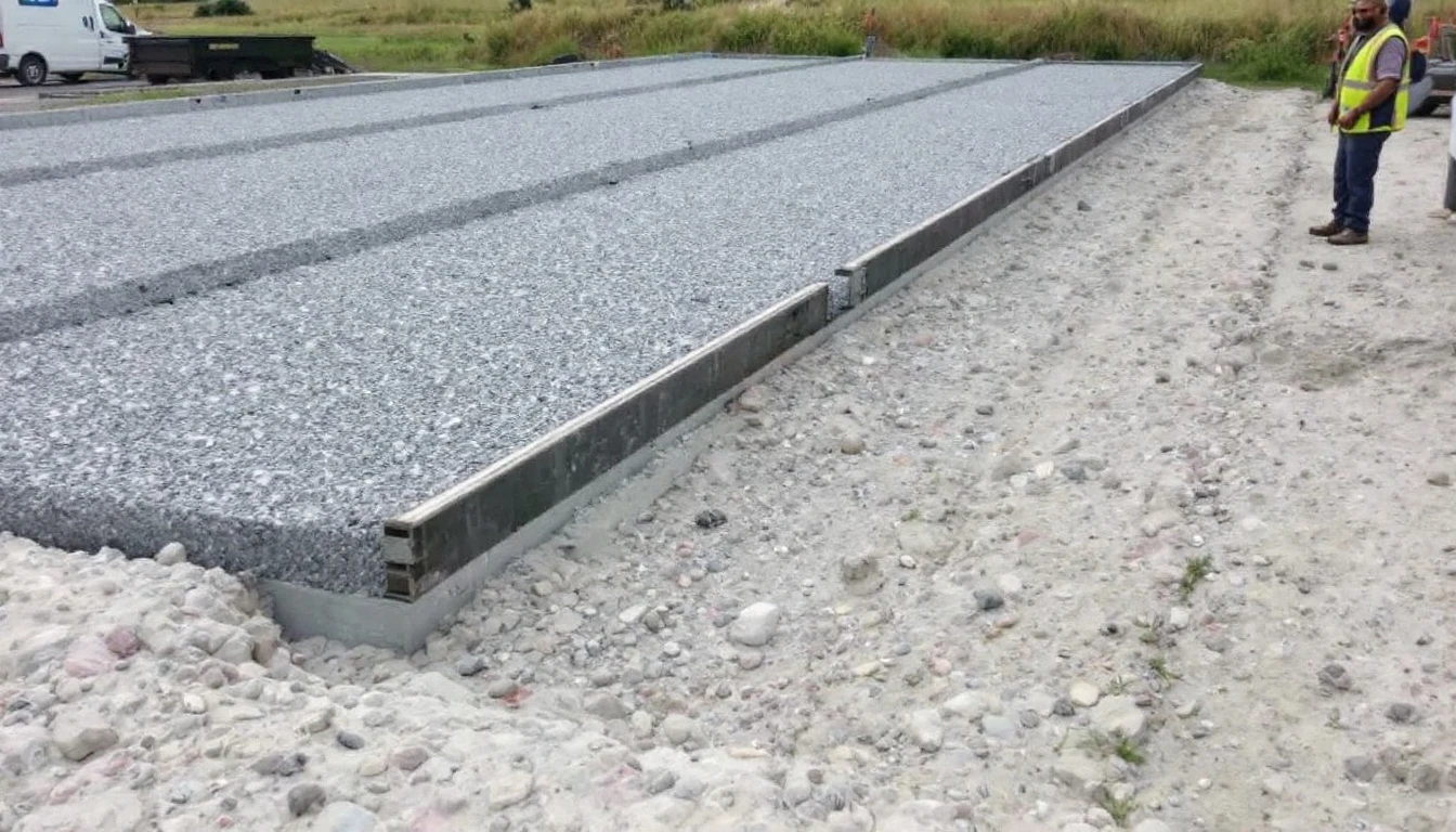 Leveled gravel bed with screed rails ready for the next layer