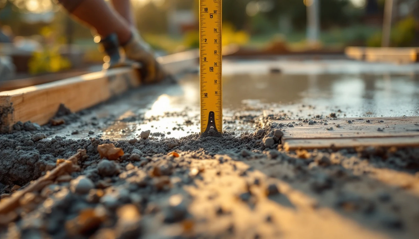 Fresh concrete pour leveled between wooden forms in warm evening light