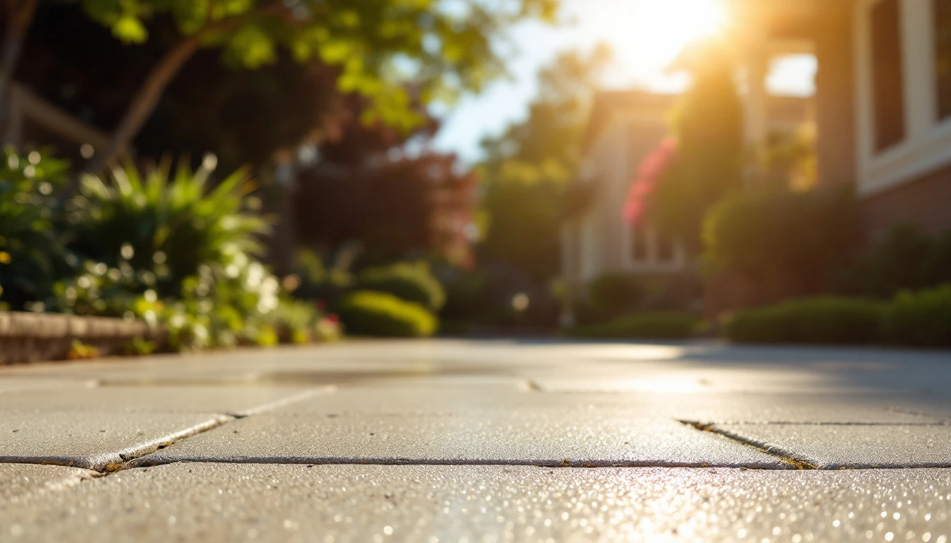 Light broomed concrete driveway reflecting harsh midday glare