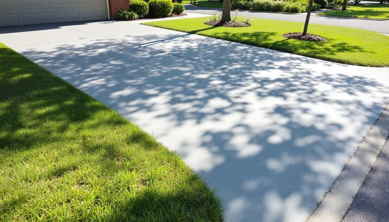 Light gray sealed drive partly shaded beside a quiet lawn