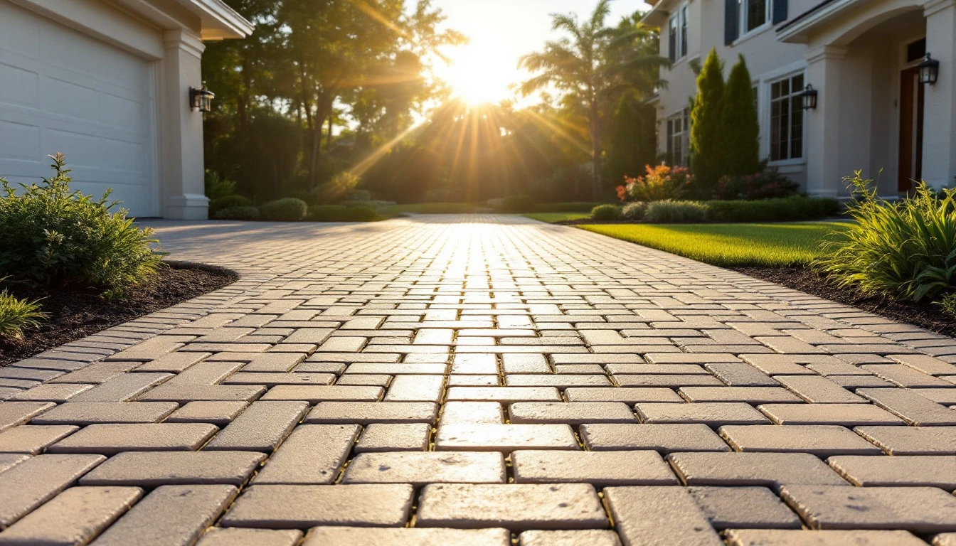 Light colored paver drive reflecting intense midday sun