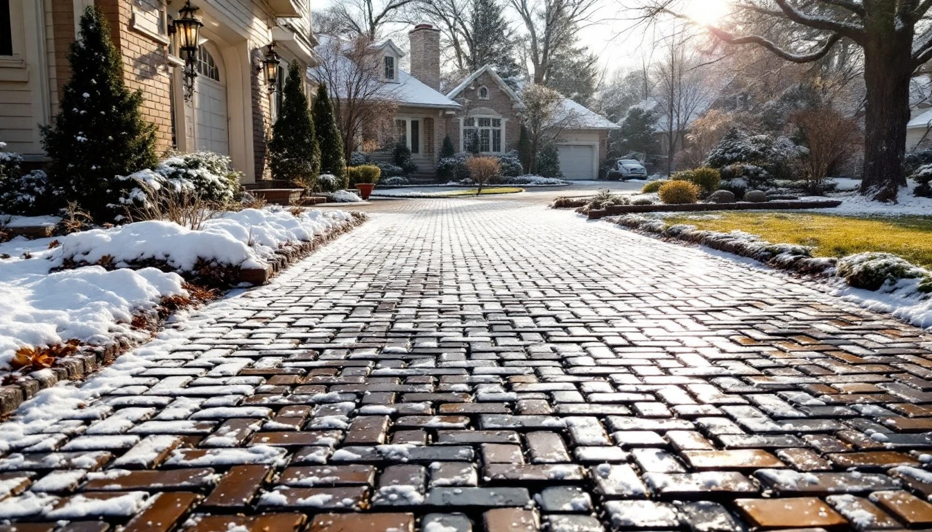 Light snow dusting a new brick paver drive in bright midday sun