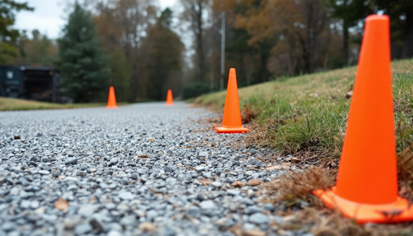 Small utility marking flags lining the edge of a gravel drive