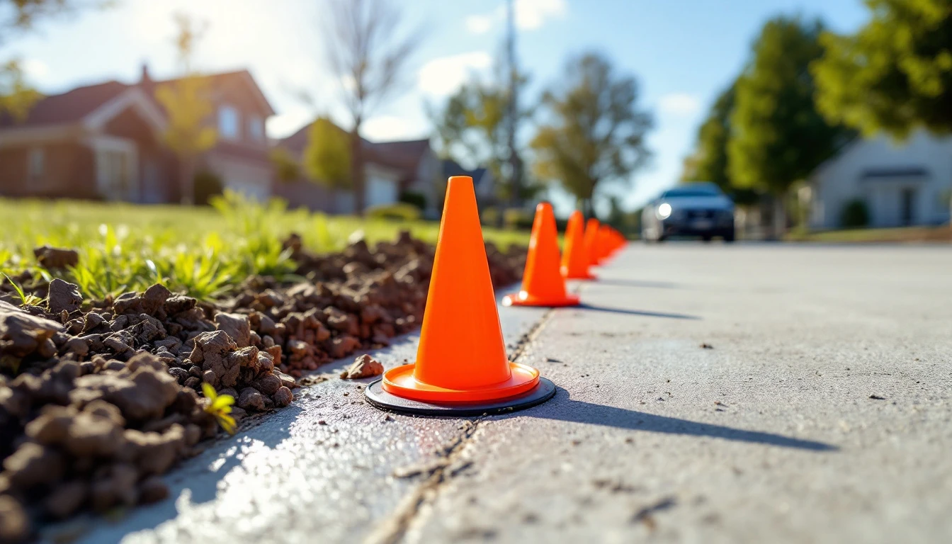 Small locate flags marking utility lines along a new concrete driveway edge