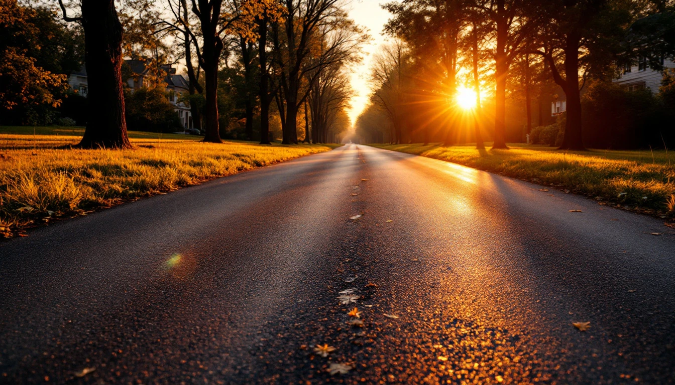 Long weathered asphalt drive glowing under low golden evening light