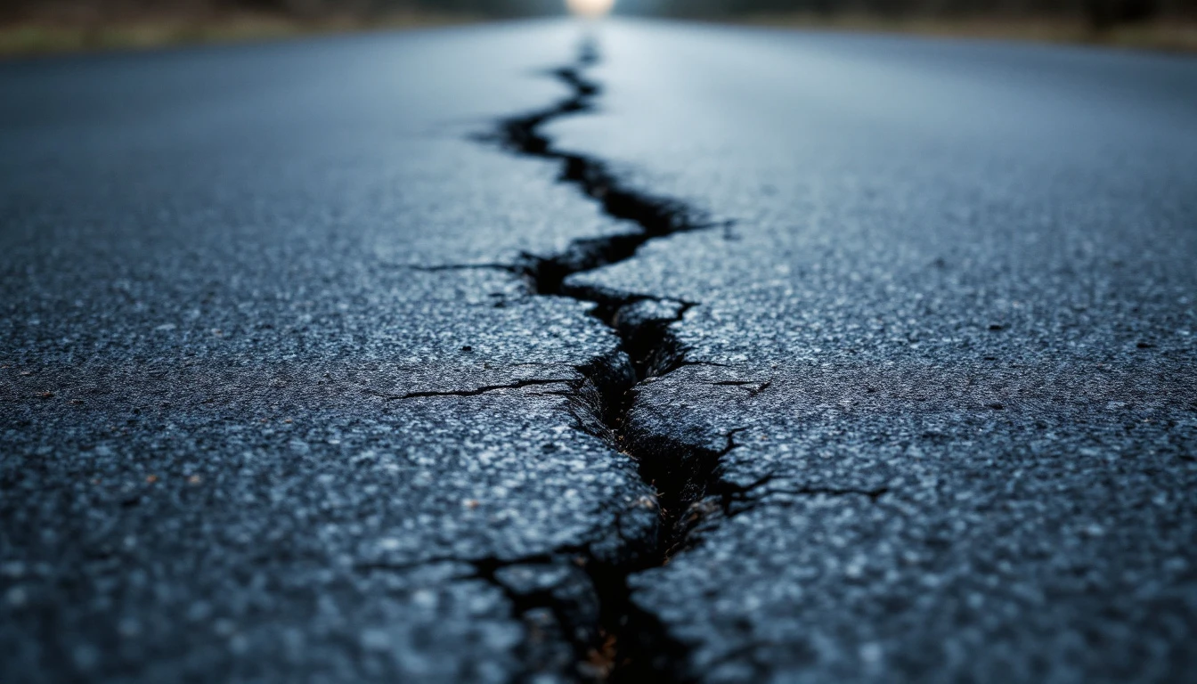 Long crack running across gray asphalt in close view