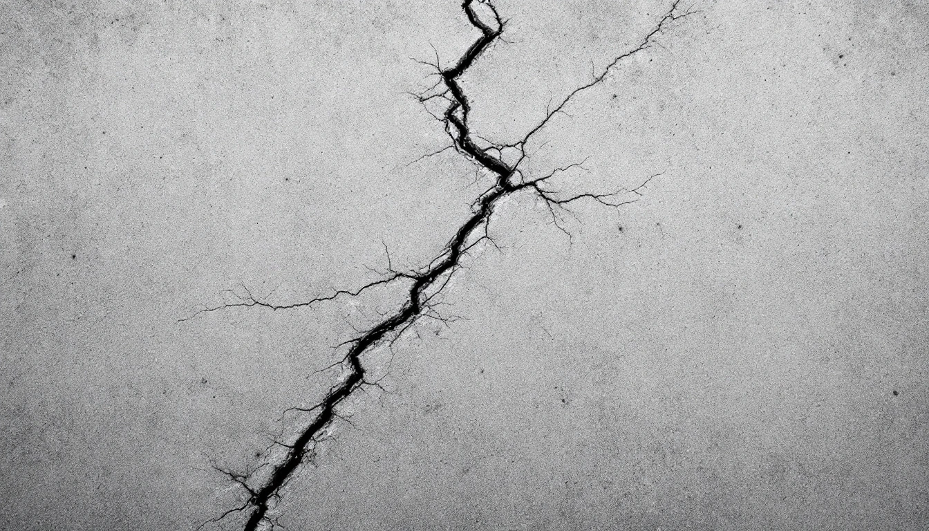 Long crack bisecting an aged concrete panel in gray light