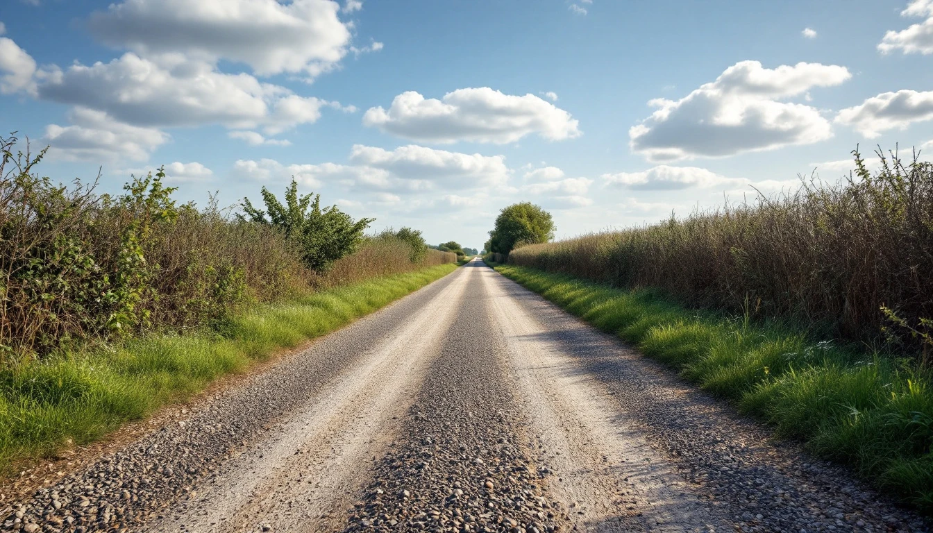 Long weathered gravel drive running beside a hedgerow in sunlight