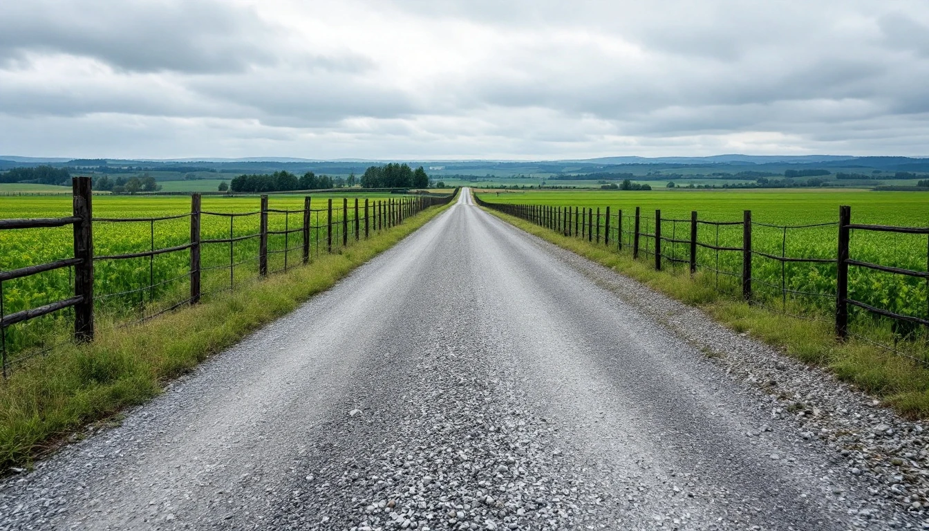 Long gravel driveway running beside fence lines under gray skies