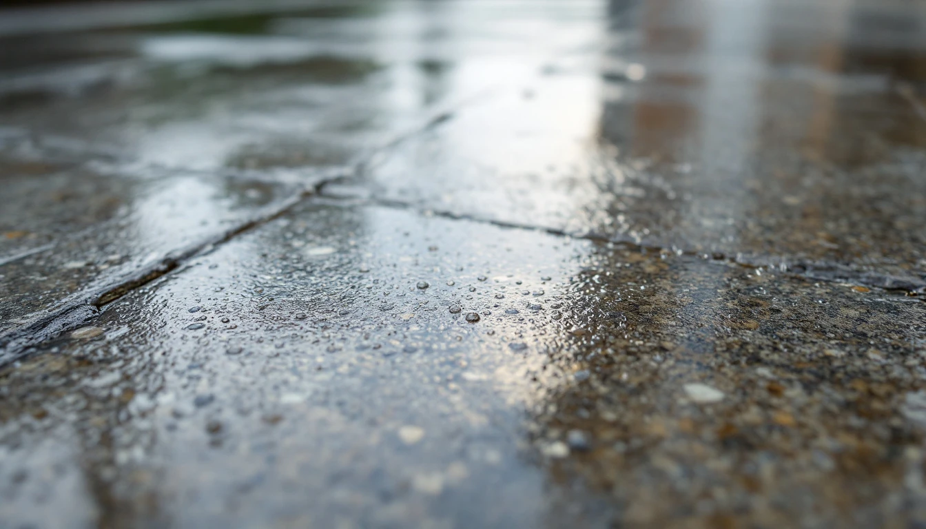 Low view along a damp sealed concrete surface with soft reflections