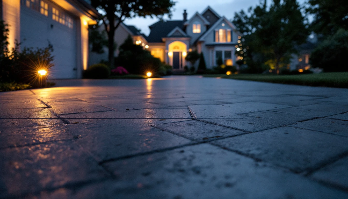 Low edge lights glowing along a sealed driveway at dusk