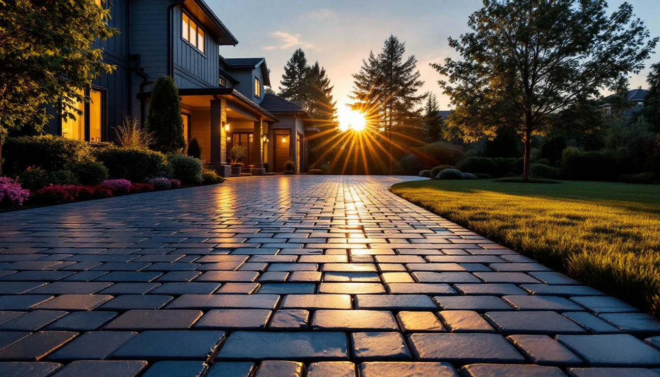 Low angle along smooth pavers glowing in warm evening light