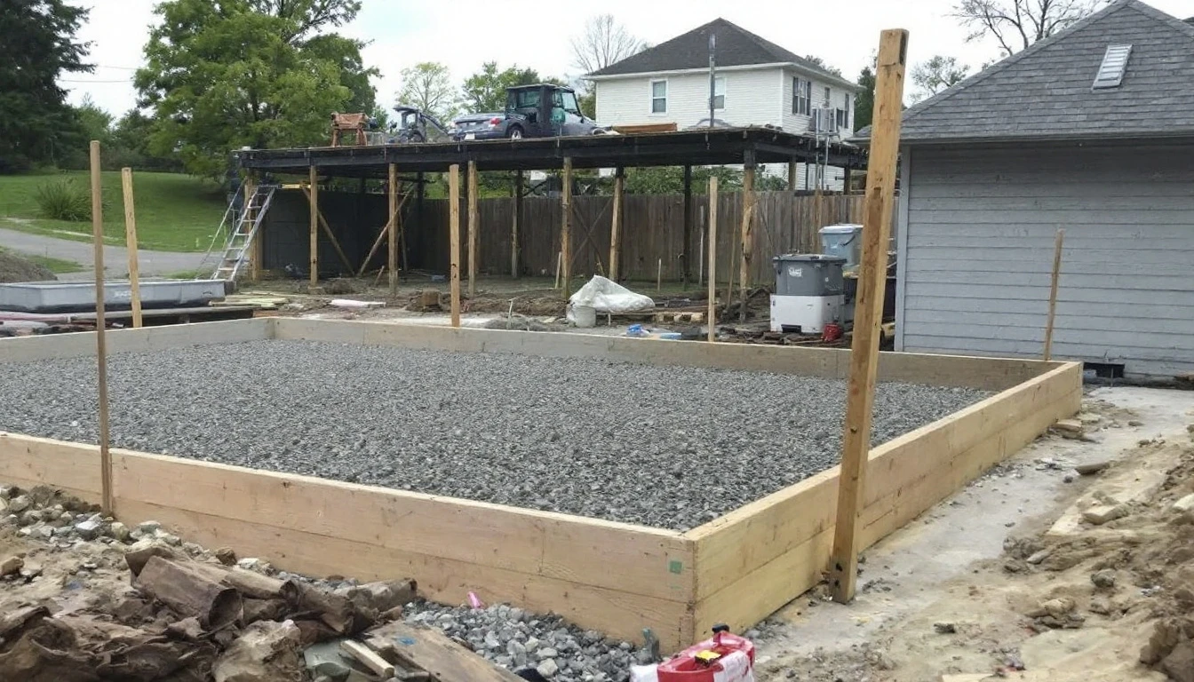 Wooden form boards staked along a graded gravel bed awaiting concrete