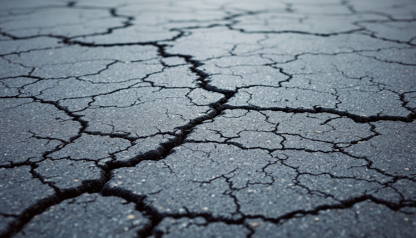 Network of map cracks across aging gray asphalt