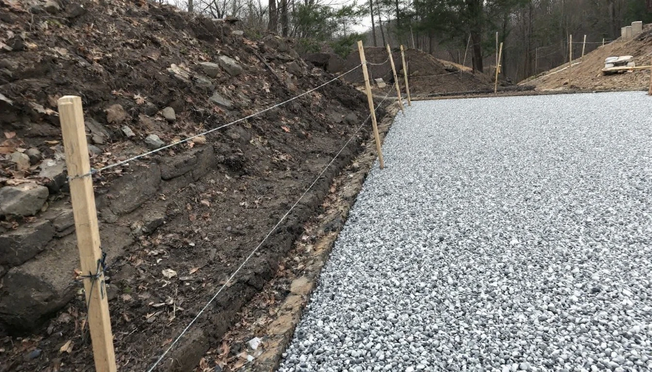 Stakes and string lines marking a planned driveway over a graded gravel base