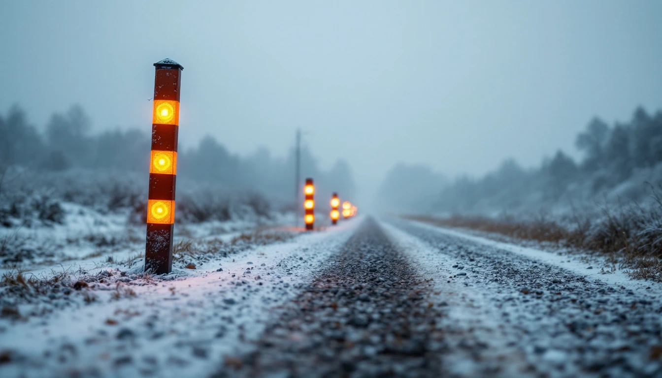 Reflective posts lining a snow covered gravel lane under gray sky
