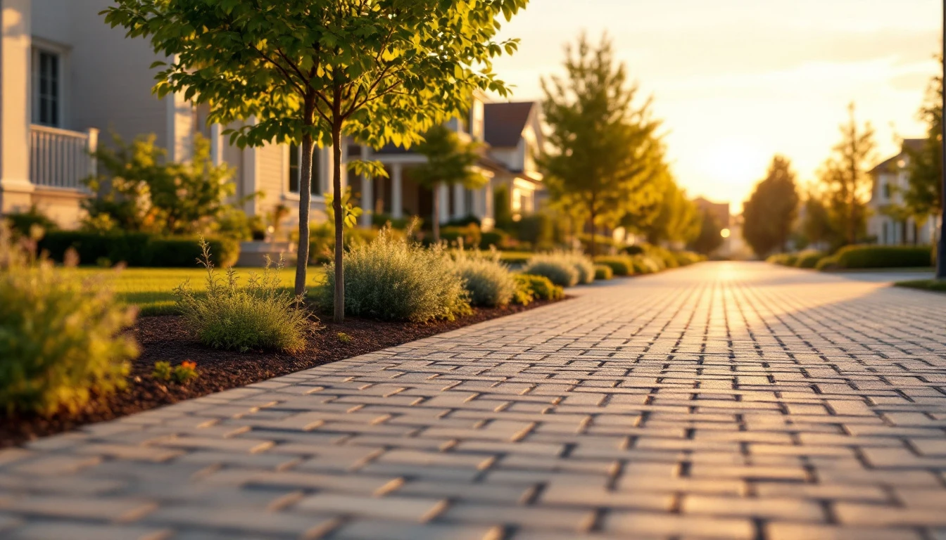 Matching paver drives along a quiet street in evening light