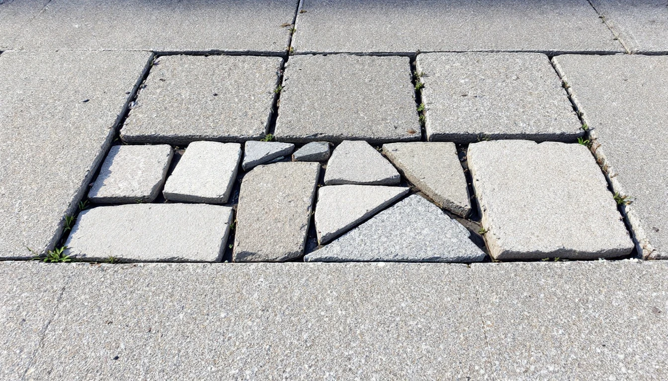 Small chunks of different paving surfaces lined on a concrete slab
