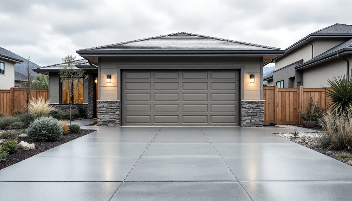 Matte sealed concrete drive leading to a garage under gray skies