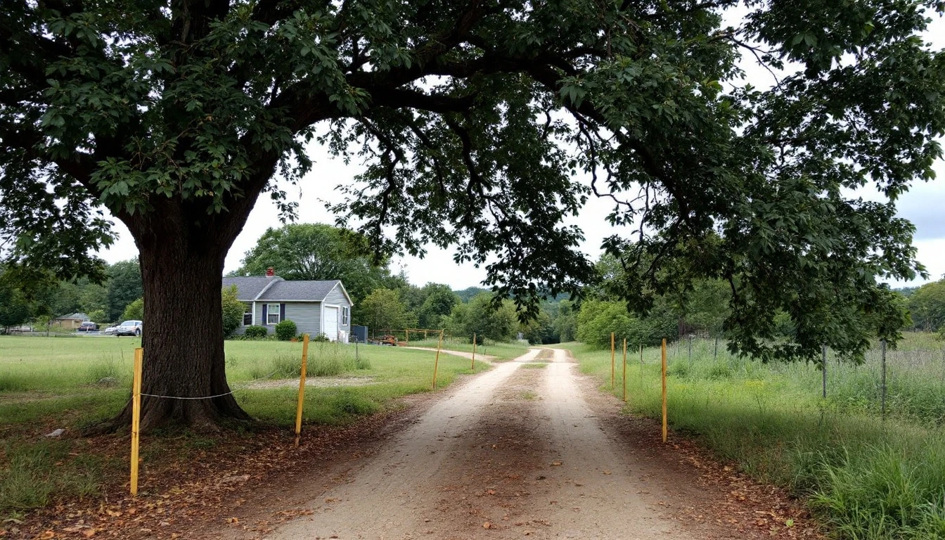 Mature shade tree beside string stakes marking a planned drive