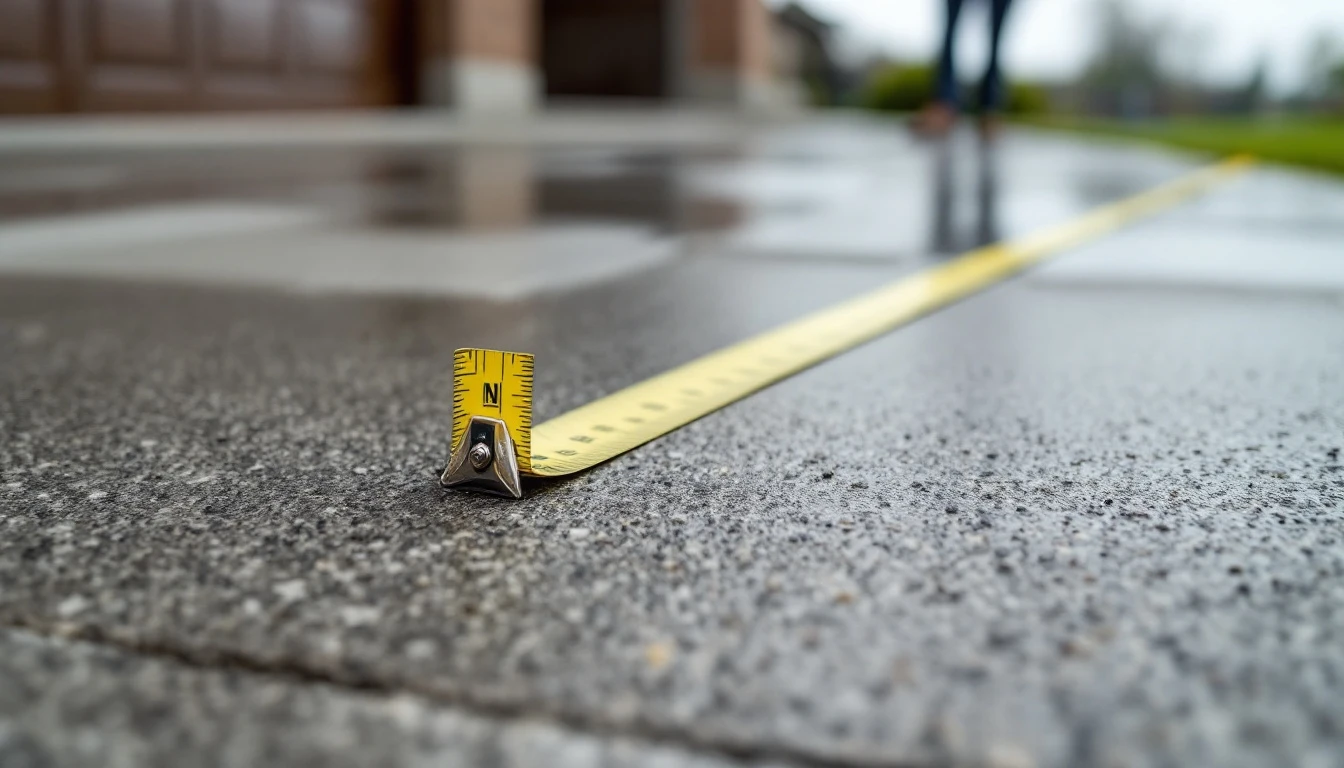 Measuring tape laid across a freshly broomed concrete driveway slab