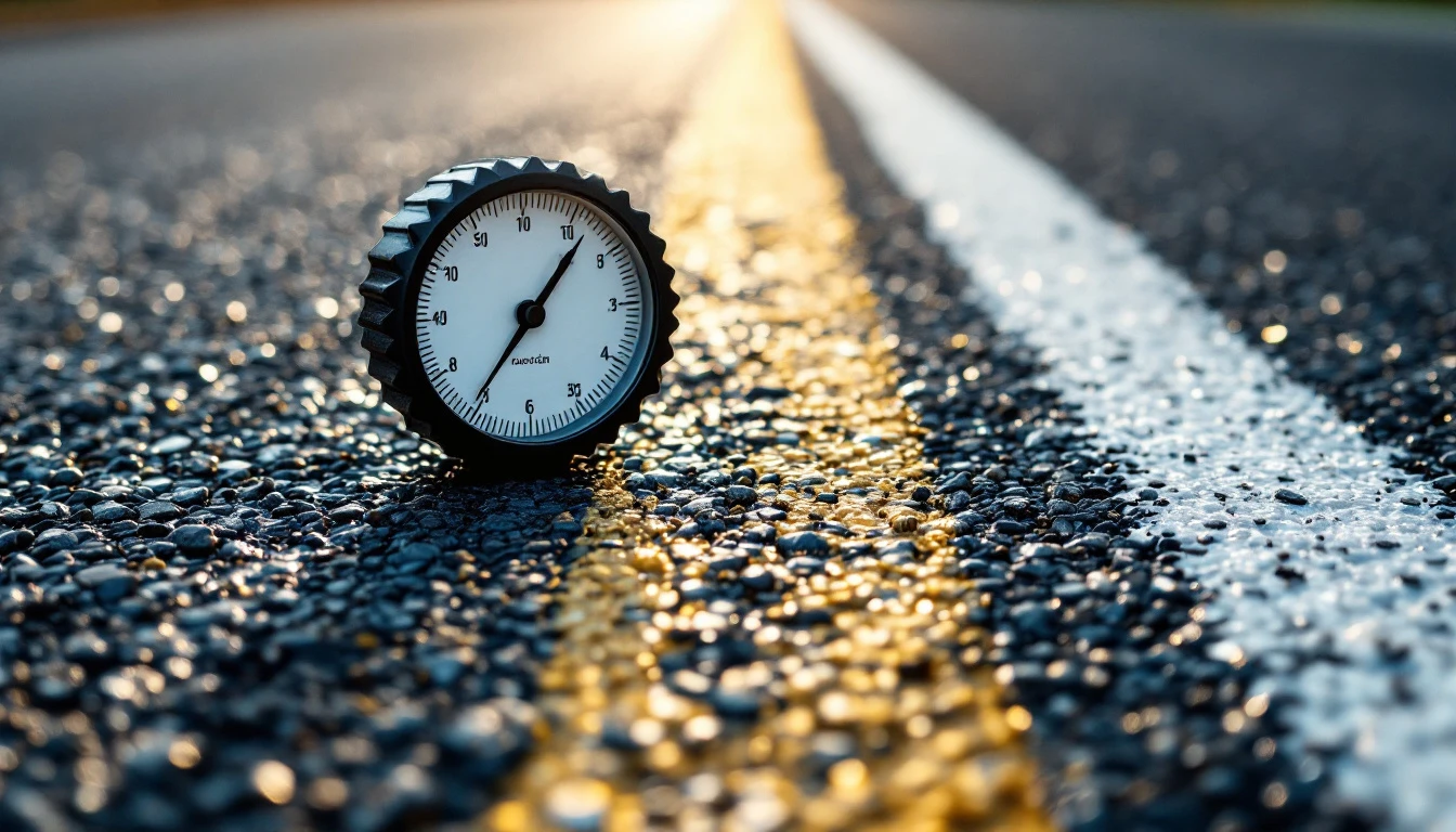 Measuring wheel resting on a fresh asphalt surface