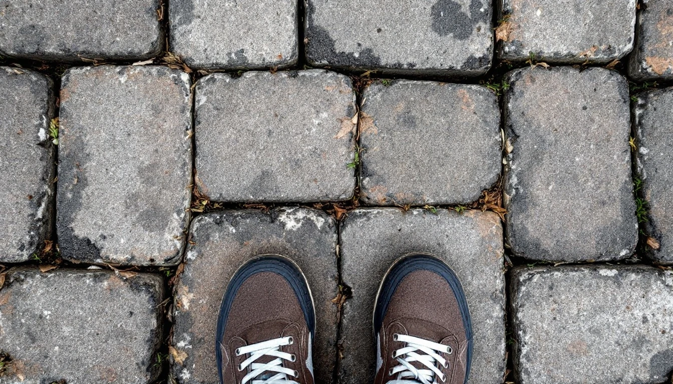 Measuring wheel standing on a weathered paver driveway surface