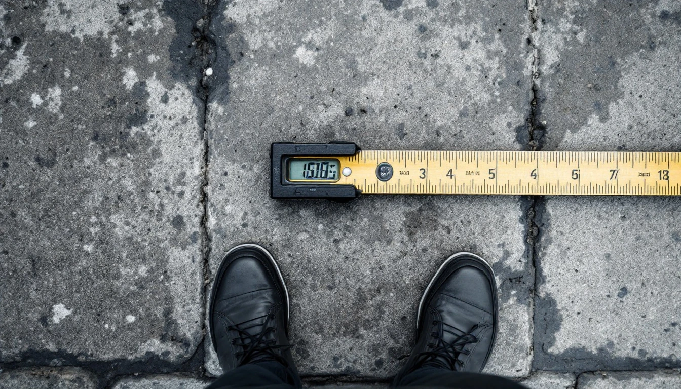 Measuring wheel standing on a weathered concrete driveway under gray skies