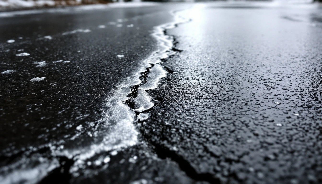 Melting frost around fine cracks in a blacktop surface