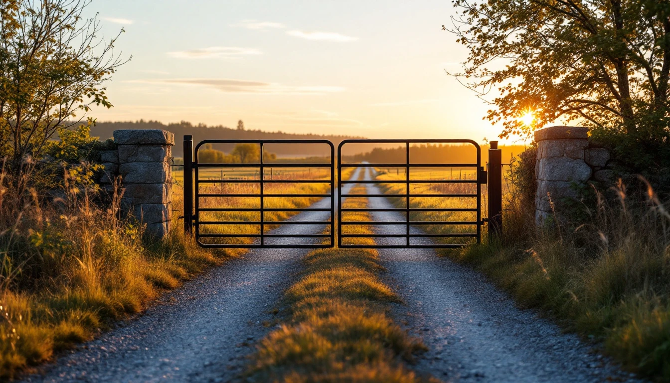 Closed metal gate across a gravel drive in warm light