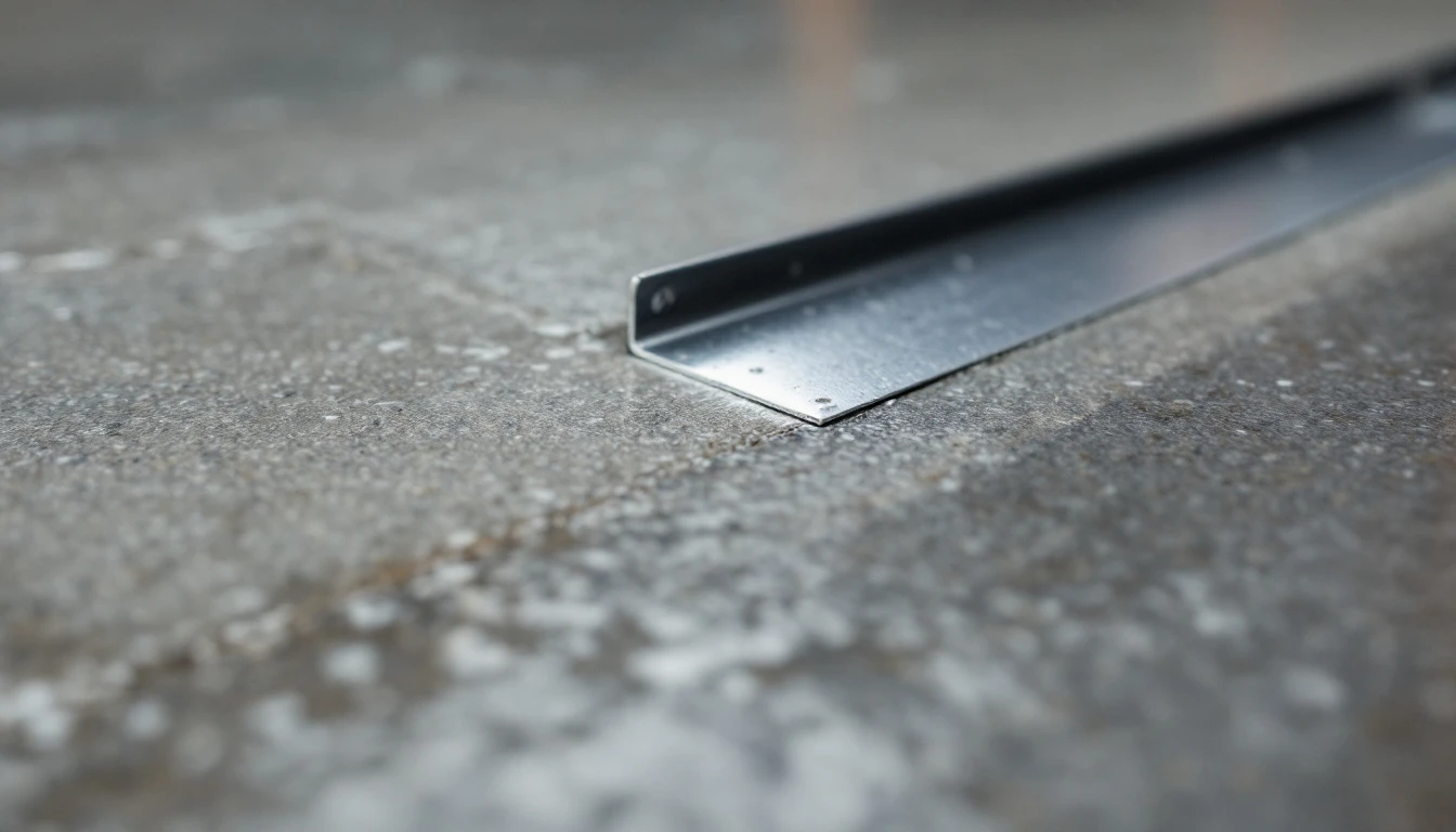 Metal edge trim set into the seam at a damp garage floor