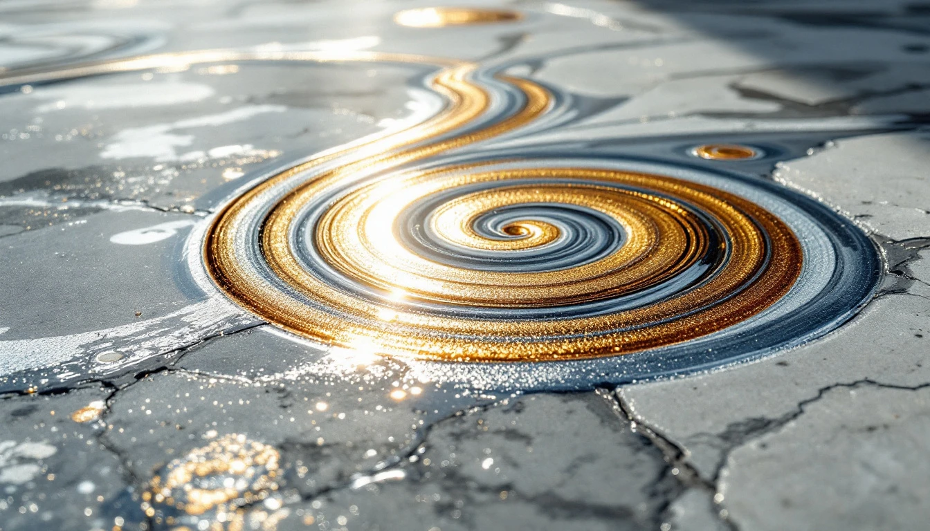 Glossy metallic swirl coating over a smooth concrete surface