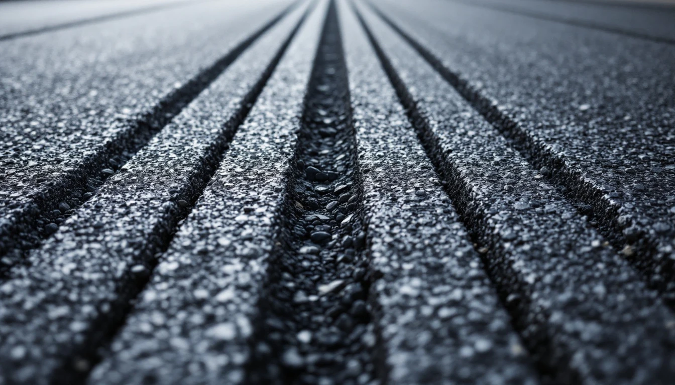 Close view of parallel grooves milled into weathered asphalt pavement